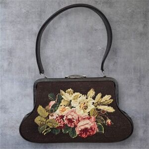 Vintage Hopeless Romantic Floral Tapestry Purse Top Handle Brown Handbag Cottage